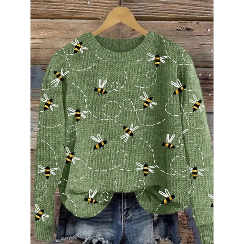 Women's Sweater Casual Soft Graphic Ribbed Crew Neck Knitted Print Long Sleeve Regular Tops Knit Outdoor Daily Weekend Yellow Green Fall Winter2