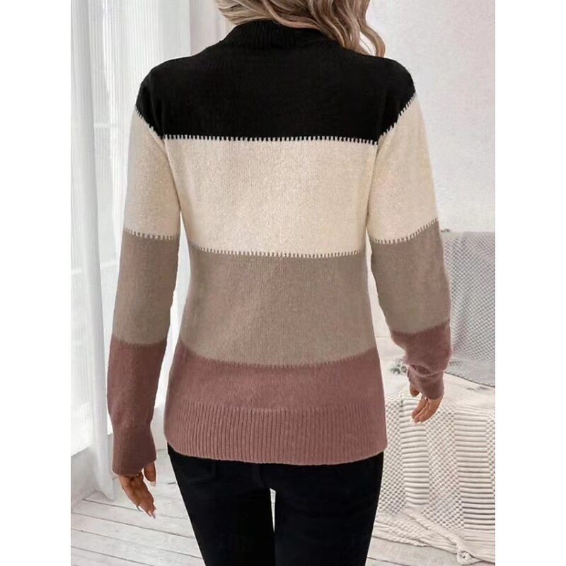 Women's Sweater Casual Soft Striped Ribbed Crew Neck Patchwork Knitted Long Sleeve Regular Tops Knit Outdoor Daily Weekend Pink Camel Fall Winter3