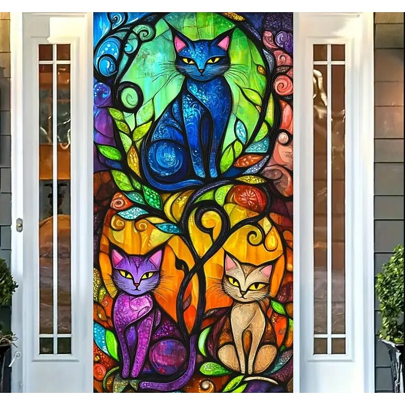 Door Cover Outdoor Banners Cat Stained Glass Aesthetic Mystic Bedroom Living Room Front Door Home Decor