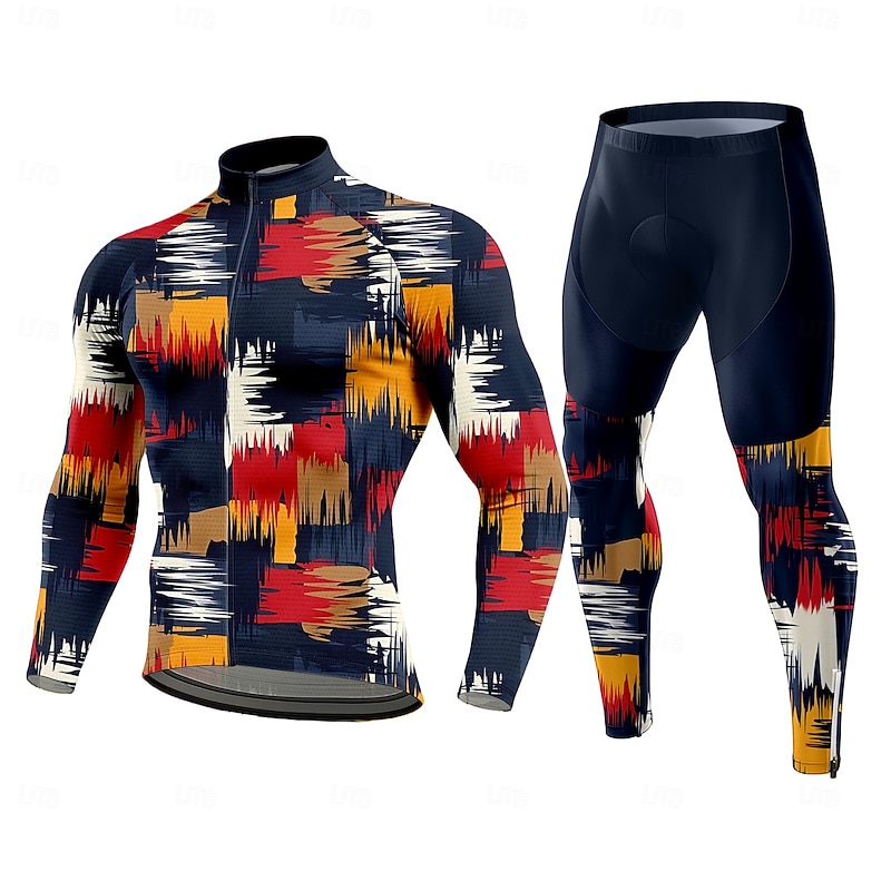 Men's Cycling Jersey with Tights Cycling Jersey Long Sleeve Red Bike Thermal Warm 3D Pad Quick Dry Anatomic Design Ultraviolet Resistant Sports Graphic Geometric Patterned Clothing Apparel
