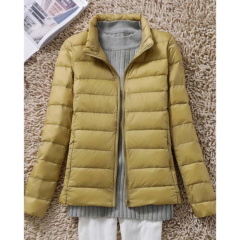 Women's Down Jacket Puffer Jacket Warm Comfortable Zipper Pocket Casual Plain Holiday Casual Daily Weekend Zipper Regular Stand Collar Regular Fit Long Sleeve Outerwear Black White Red Fall Winter