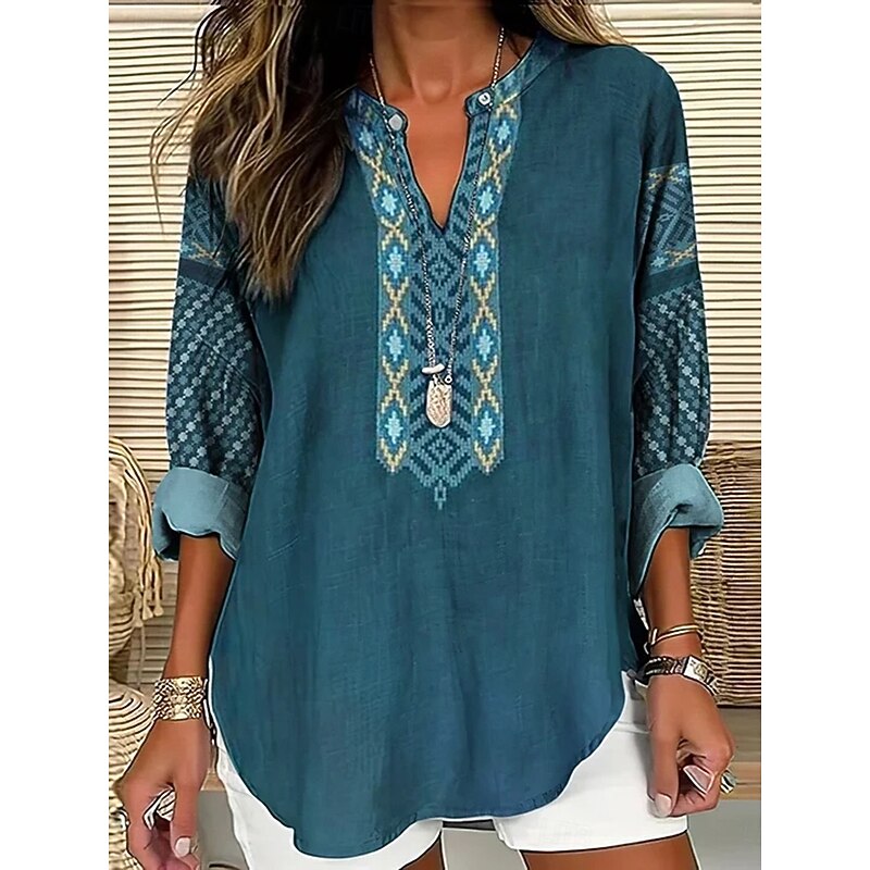 Women's Blouse Graphic Geometric Vintage Tropical Hawaiian Long Sleeve V Neck Regular Tops Daily Holiday Beach Wear Print Black Blue Camel Green Summer Spring