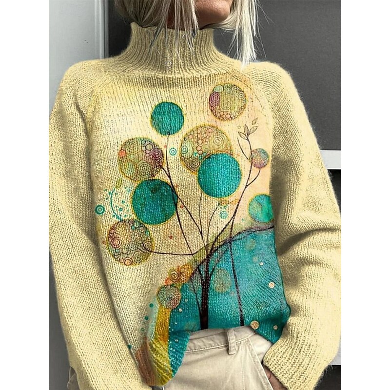 Women's Pullover Vacation Daily Floral Geometric Color Block Ribbed Turtleneck Print Long Sleeve Regular Tops Knit Outdoor Daily Holiday Black Navy Blue Fall Winter4