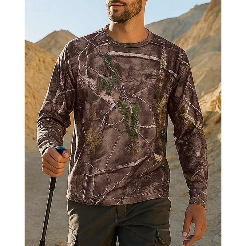 Men's Outdoor Shirt Hiking Shirt Long Sleeve Crew Neck Tee Tshirt Top Outdoor Quick Dry Lightweight Elastic Breathable Spandex Patchwork Brown Hunting Fishing Climbing3
