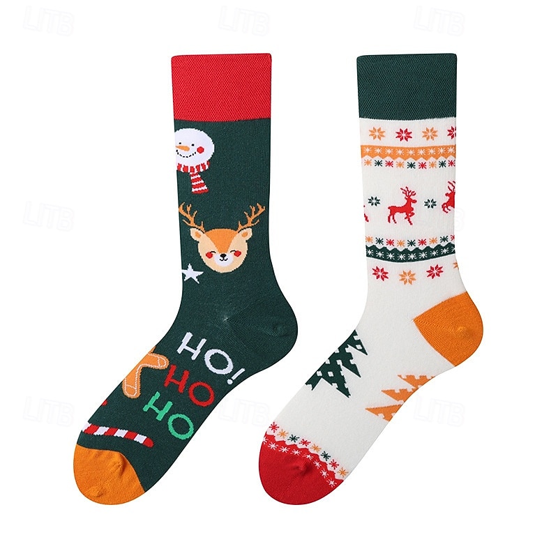 AB Asymmetrical Mid-Calf Combed Cotton Socks, Christmas Edition, Fashionable and Trendy Unisex Couple Holiday Socks3