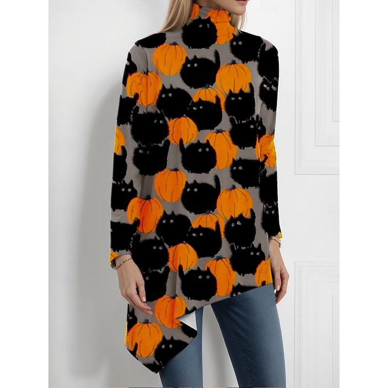 Halloween Women's Blouse Floral Graphic Skull Elegant Active Stylish Long Sleeve Turtleneck High Neck Long Tops Party Evening Wear Daily Going out Asymmetric Hem Orange Summer Spring Fall Winter
