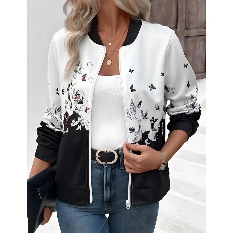Women's Casual Jacket Warm Quick Dry Zipper Pocket Elegant Fashion Daily Simple Floral Vacation Casual Daily Holiday Regular Baseball Collar Regular Fit Long Sleeve Outerwear Black And White Blue2
