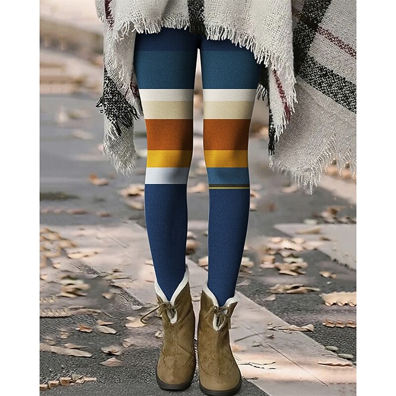 Women's Pants Trousers Leggings Cozy Leggings Streetwear Casual Full Length High Waist Color Block Stripe Elastic Waist Print Breathability Comfortable Stretchy Vacation Street Daily Wear Blue Brown3