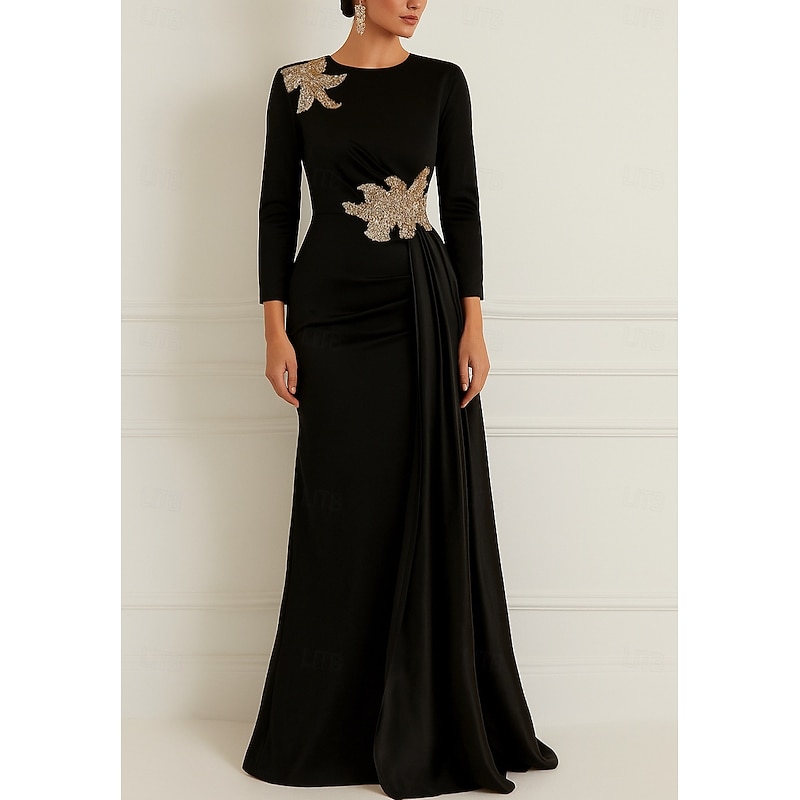 Black Tie Column Evening Gown Elegant Dress Formal Wedding Floor Length 3/4 Length Sleeve Crew Neck Pink Dress Stretch Satin with Glitter Pleats 20254