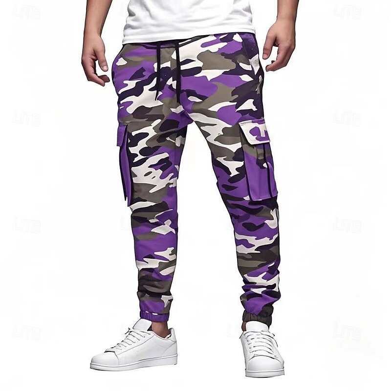 Men's Cargo Pants Cargo Trousers Joggers Trousers Casual Pants Drawstring Elastic Waist Elastic Cuff Camouflage Full Length Sports Outdoor Daily Running Streetwear Ethnic Style Blue 1# Purple4