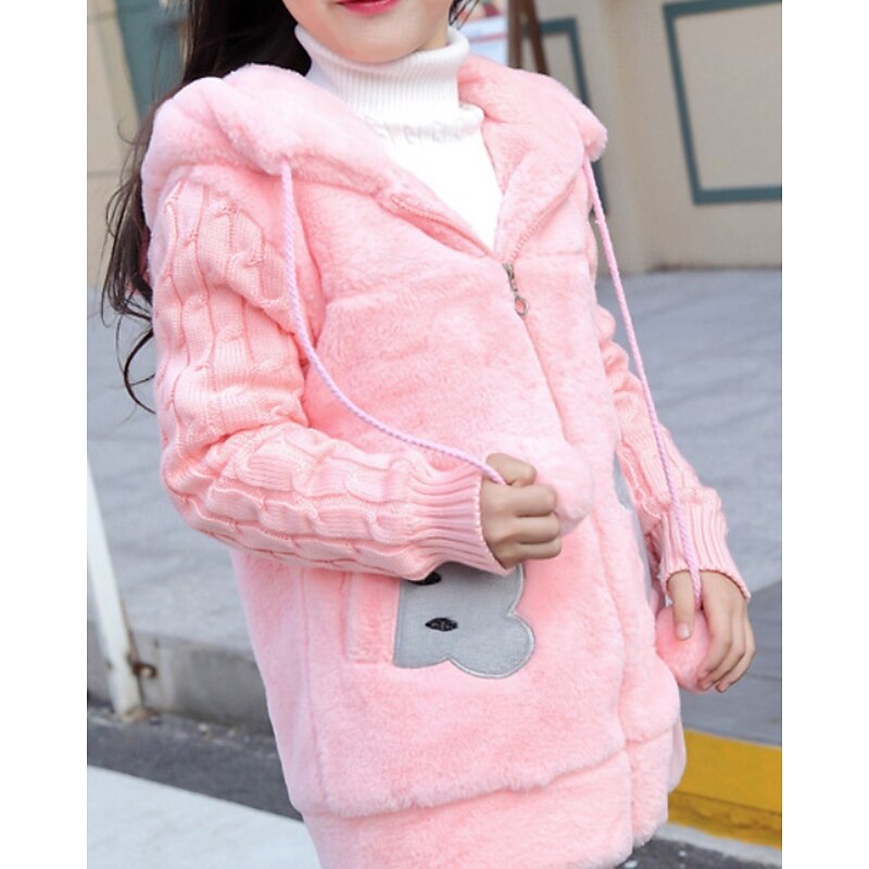 Kids Girls' Fleece Jacket Winter Coat Solid Color Streetwear Zipper Pocket Outdoor Coat Outerwear 4-12 Years Winter Pink Khaki4