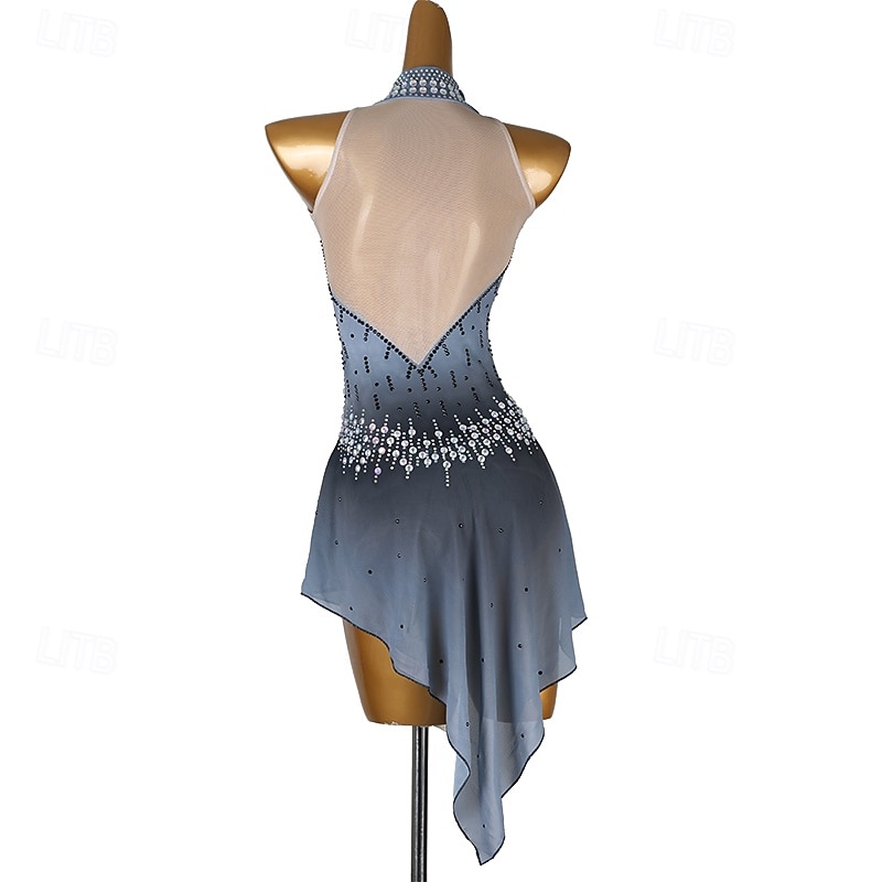 Figure Skating Dress Women's Girls' Ice Skating Dress Grey Patchwork Open Back Mesh Spandex High Elasticity Training Practice Professional Skating Wear Classic Crystal / Rhinestone Sleeveless Ice4