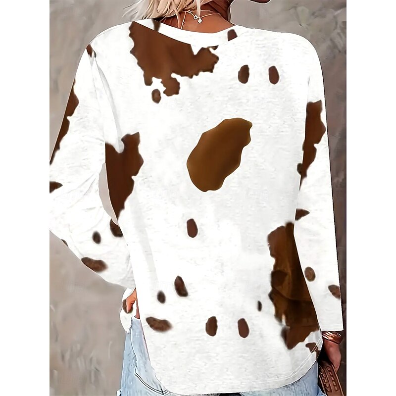 Women's T shirt Long Sleeve Graphic Animal Cow Vintage Stylish Casual Long Sleeve Crew Neck Regular Tops Daily Print Light Brown  Spring Fall Prefall2