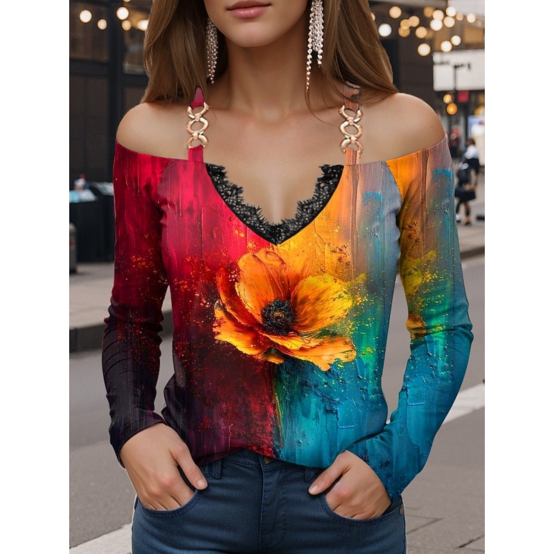 Women's T Shirt Floral Vintage Casual Long Sleeve Off Shoulder Regular Tops Daily Patchwork Print Black Red Orange Summer