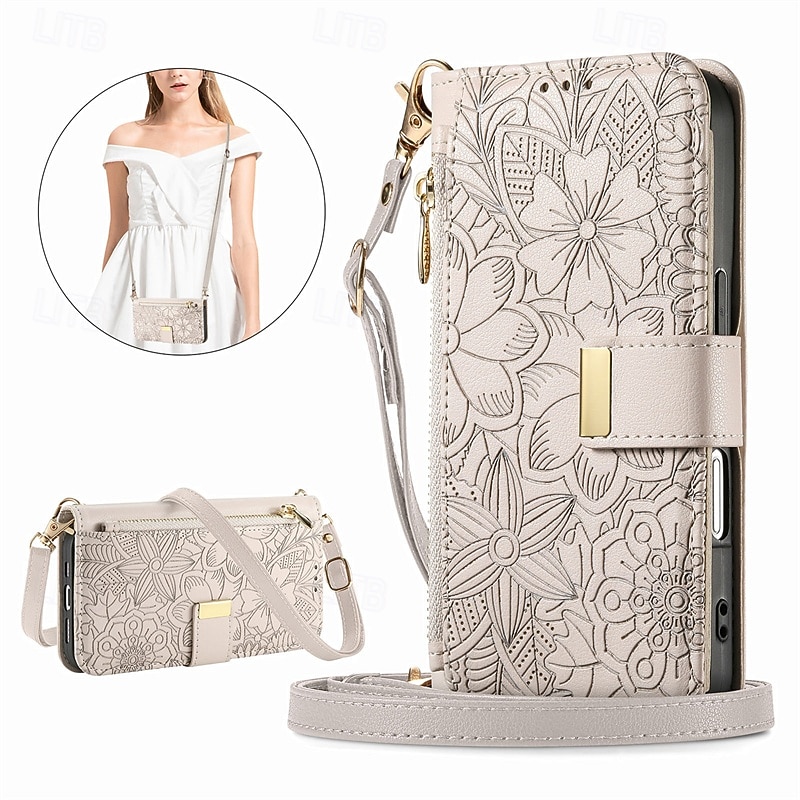 Phone Case For Samsung Galaxy S25 Plus S25 Ultra S24 Ultra Plus S24 FE A55 A35 A25 A15 5G Wallet Case Flip Cover Zipper with Lanyard with Wrist Strap Tree Flower Floral TPU PU Leather3