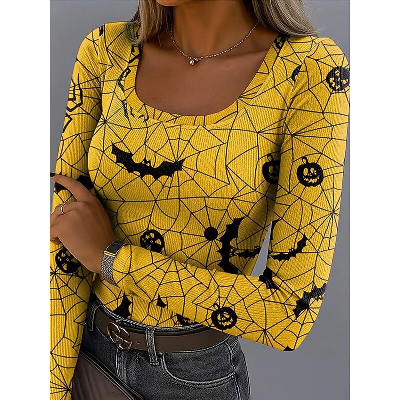 Halloween Women's T Shirt Spider Web Graphic Vintage Stylish Classic Long Sleeve Square Neck Regular Tops Daily Print Yellow Purple Orange Green Gray Summer Spring Fall3