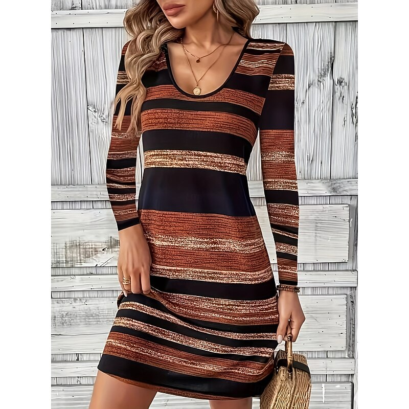 Women's Knee Length Dress Knit Dress Casual Dress T Shirt Dress Tee Dress Sundress Casual Regular Fit Graphic Geometric Stripe Long Sleeve Crew Neck Brown Fall Winter