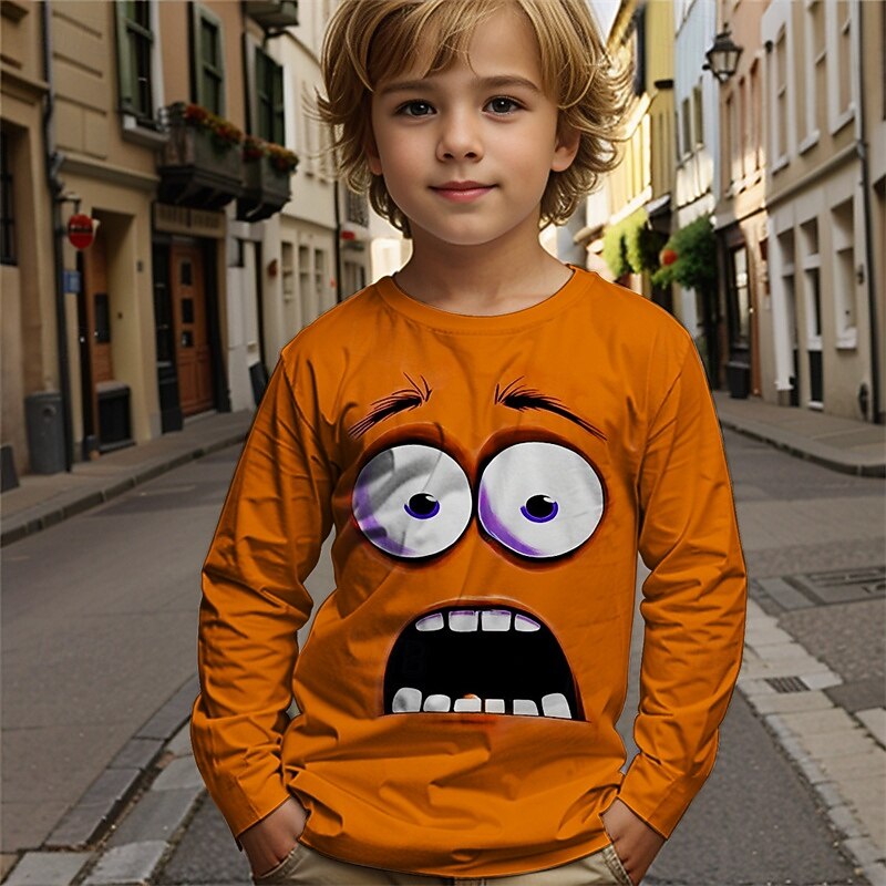 Boys Cartoon Funny Smile Face T shirt Tee Long Sleeve 3D Print Fall Winter Fashion Basic Kids 4-12 Years Crew Neck Outdoor Casual Daily Regular Fit
