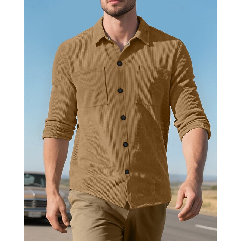 Men's Shirt Summer Shirt Casual Shirt Corduroy Shirt Button Up Shirt Black Navy Blue Camel Army Green Gray Long Sleeve Plain Lapel Vacation Hawaiian Pocket Clothing Apparel Polyester Fashion Casual3