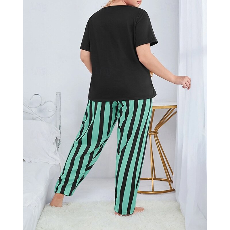 Women's Active Blouse Pants Sets Short Sleeve Crew Neck Cat Striped Print Vacation Casual Daily Black Yellow Pink Fall Regular Fit4