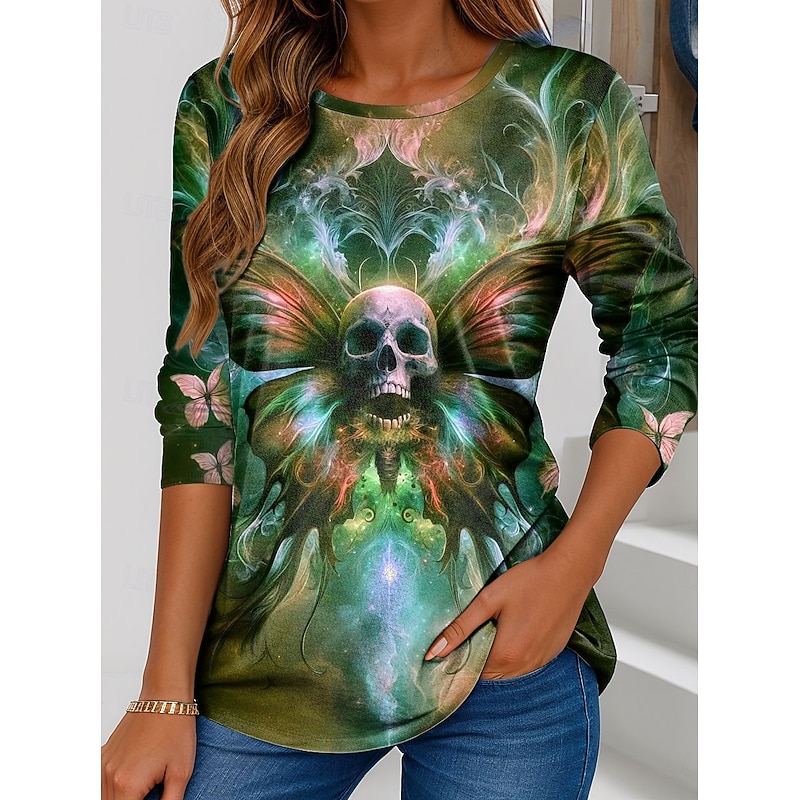 Halloween Women's T Shirt Skulls Graphic Vintage Fashion Stylish Long Sleeve Crew Neck Round Neck Regular Tops Daily Weekend Print Pink Purple Orange Green Spring Fall Winter4