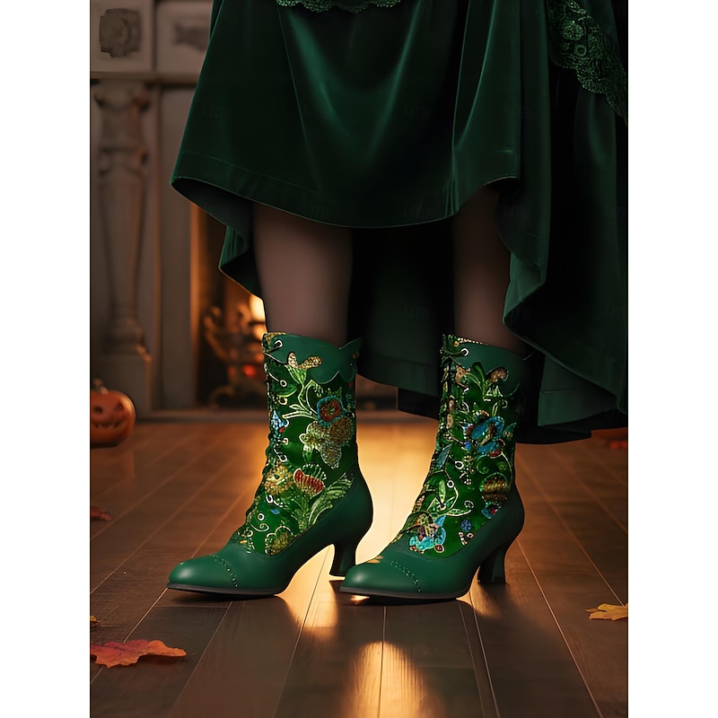 Women's Victorian Green Floral Lace-Up Boots with Kitten Heels - 19th Century Inspired Retro Footwear for Vintage Fashion, Edwardian Performances and Costume Events