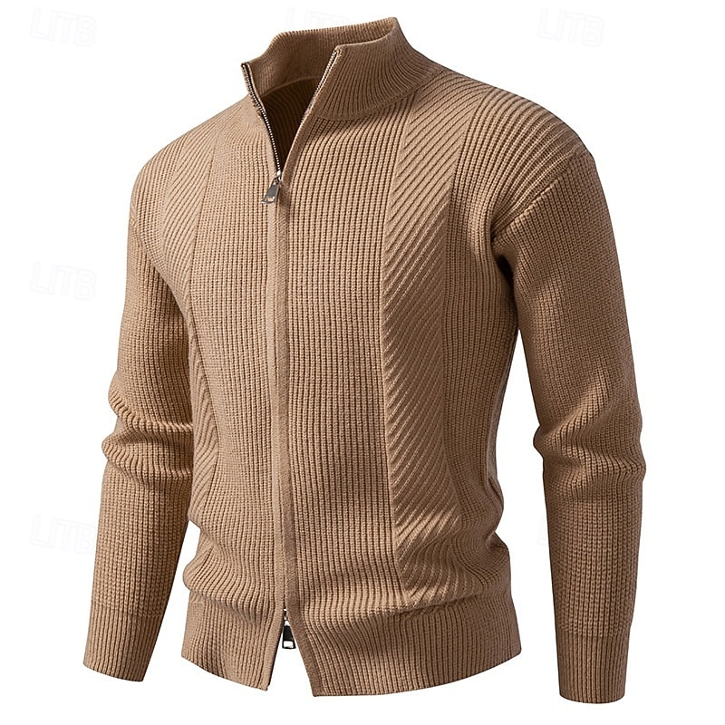 Men's Sweater Cardigan Sweater Ribbed Knit Short Knitted Solid Color High Neck Vacation Fashion Casual Daily Wear Clothing Apparel Spring &  Fall Black Red M L XL