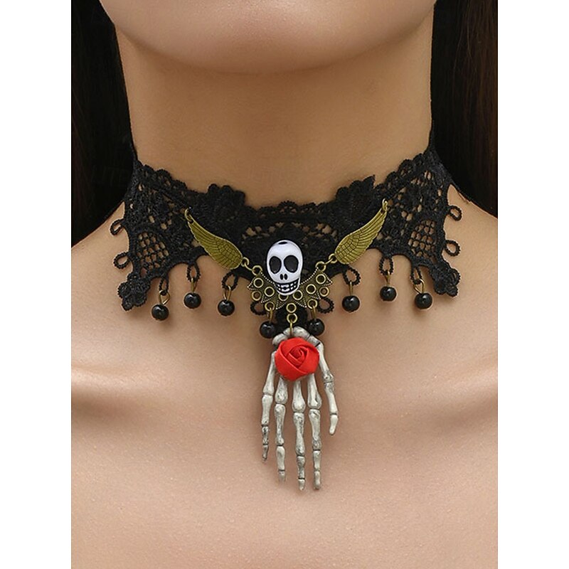 Women's Halloween Gothic Lace Choker Necklace & Skeleton Hand Drop Earrings Set – Skull & Red Rose, Adjustable Alloy Victorian Punk Jewelry for Cosplay, Costume Party, Night Out & Festivals3