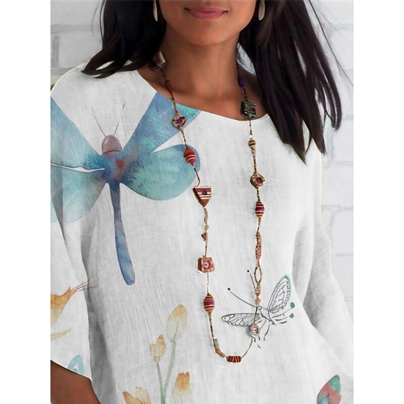 Women's Shirt Dragonfly Daily Casual 3/4 Length Sleeve Crew Neck Regular Tops Daily Holiday Print Yellow Blue Summer Spring Fall2