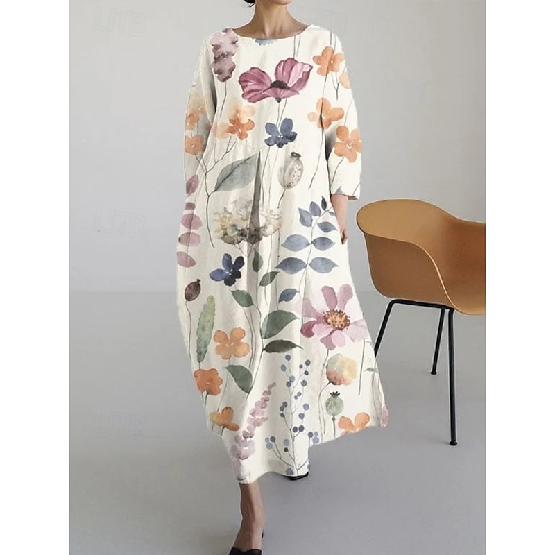 Women's Maxi Dress A Line Dress Fit And Flare Dress Party Casual Boho Party Wedding Guest Daily Loose Fit Floral Graphic Long Sleeve Crew Neck White Blue Green Spring Fall Winter Autumn