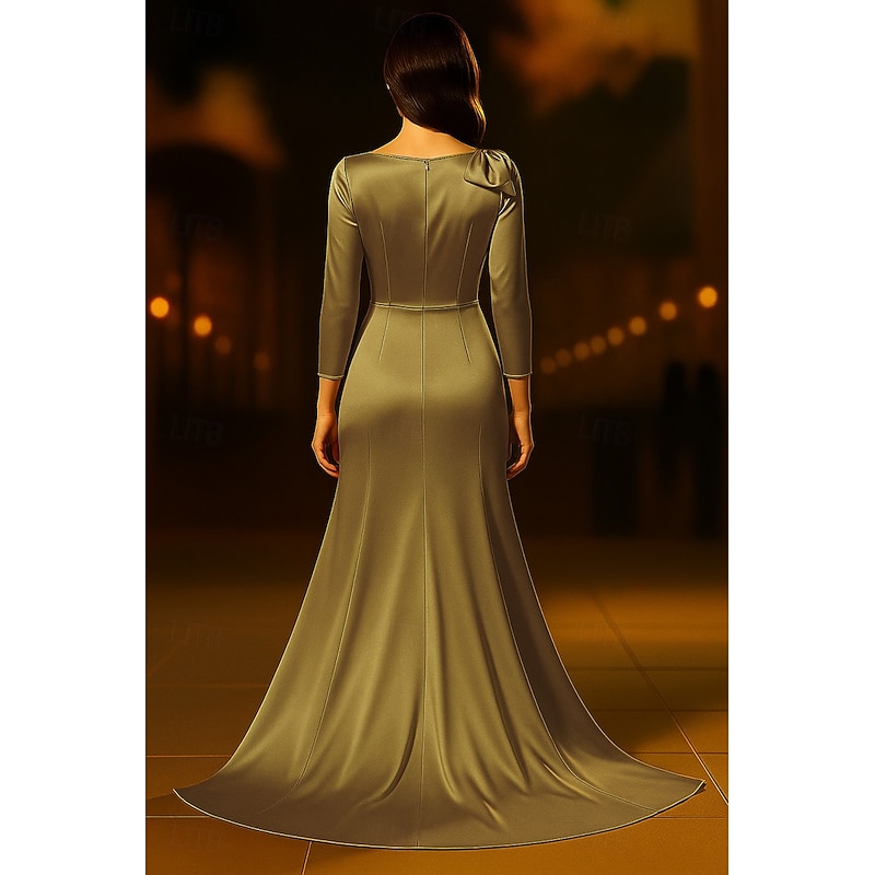 Gold A-Line Evening Gown Elegant Dress Formal Wedding Sweep / Brush Train 3/4 Length Sleeve V Neck Satin with Bow(s) Ruched 20254