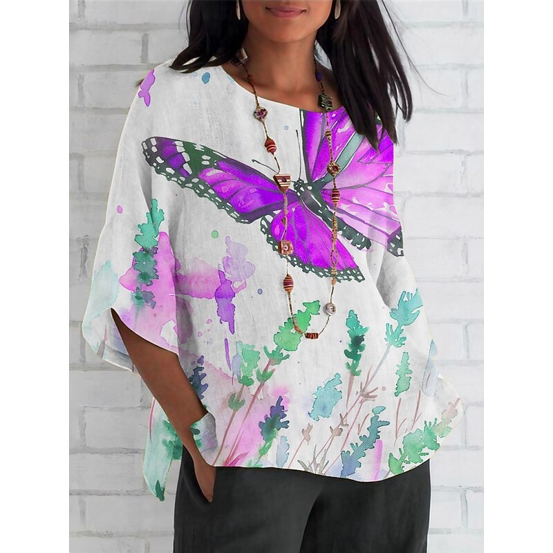 Women's Shirt Butterfly Daily Casual 3/4 Length Sleeve Crew Neck Regular Tops Daily Holiday Print Yellow Blue Purple Fuchsia Orange Summer Spring Fall3