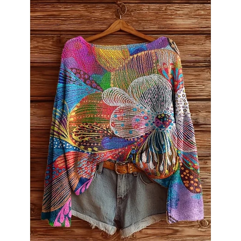 Women's Sweater Casual Soft Geometric Color Block Stylish Modern Long Sleeve Crew Neck Regular Tops Daily Holiday Print Blue Orange Green Khaki Gray Spring Fall Winter