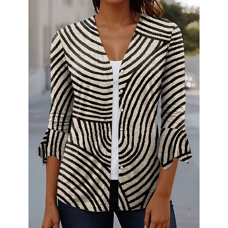 Women's T Shirt Graphic Geometric Elegant Vintage Stylish 3/4 Length Sleeve V Neck Regular Tops Daily Going out Ruffle Buttons Pink Blue Green Khaki Summer Spring Fall