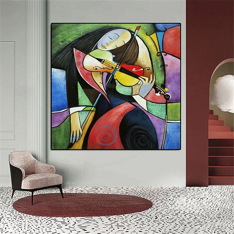 The Fiddler Portrait Oil Painting On Canvas - Handmade Cubist Musician Fine Art3