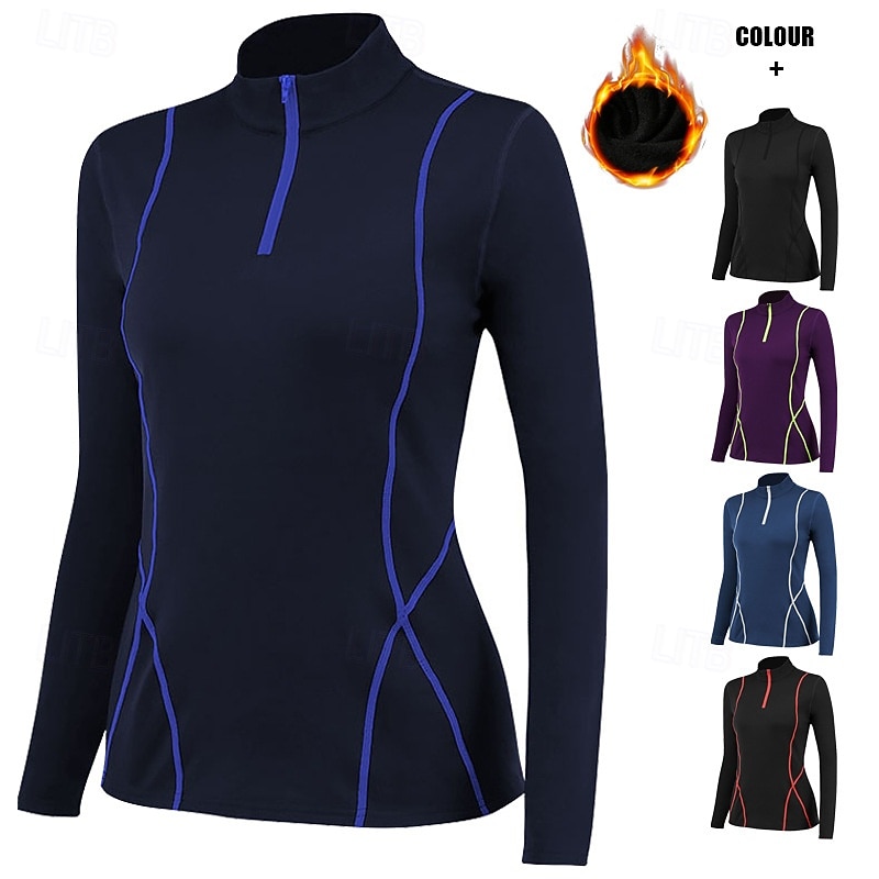 Women's Fleece Workout Shirt Stand Collar Warm Quarter Zipper Long Sleeve Sports Solid Color Top For Gym Athletic Sports Activewear