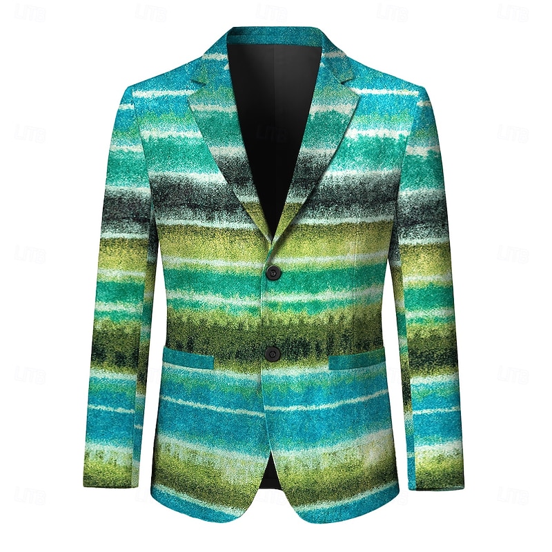 Men's Blazer Jacket Casual Stylish Retro All Seasons 100% Polyester Weaving Striped 3D Print Color Block Comfortable Single Breasted Blazer Light Purple Brown Green2