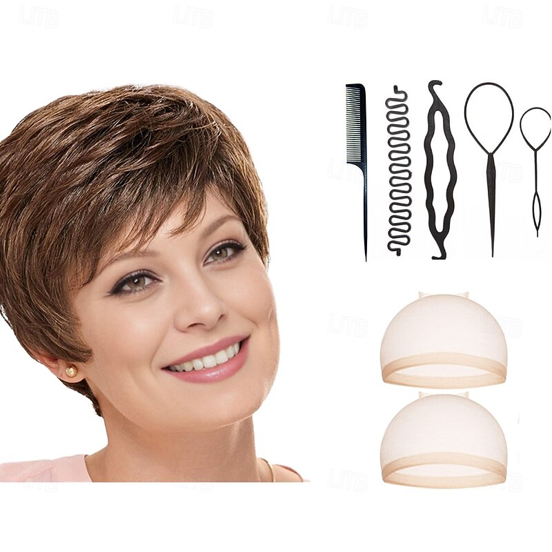 Short Ultra-Chic Pixie Wig with Neat Straight Layers / Multi-tonal Shades of Blonde Silver Brown and Red With 2PCS HD Wig Cap and Hairdressing Tool Set4