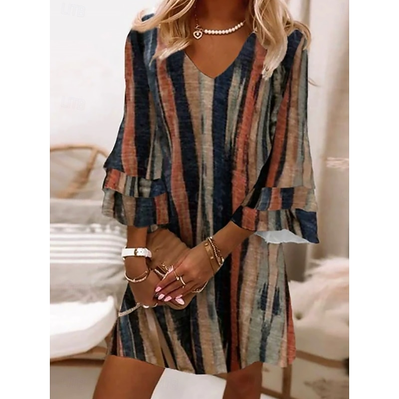 Women's Mini Dress Casual Dress Sundress A Line Dress Vacation Casual Boho Party Regular Fit Floral Graphic Abstract 3/4 Length Sleeve V Neck Magenta Ink Blue Orange Spring Fall2