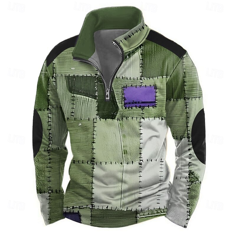 Men's Geometric Plaid 3D Sweatshirt Casual Long Sleeve High Neck Party Club Blue Brown Zipper Quarter Zip Fall Winter Designer4