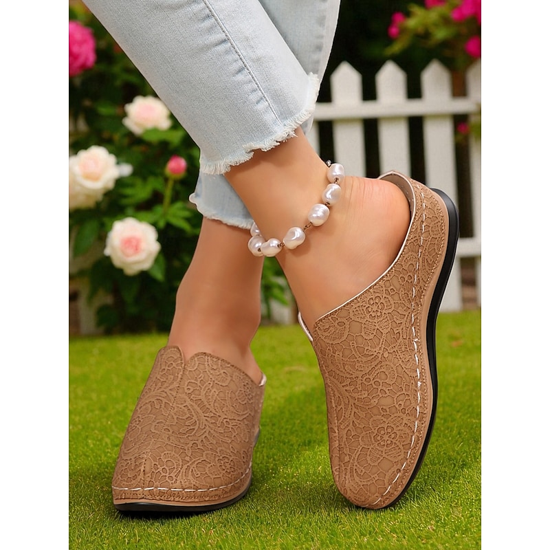 Women's Faux Leather Slip-On Mules – Breathable Lace-Patterned Comfort Clogs for Gardening, Housewear and Casual Outfits2