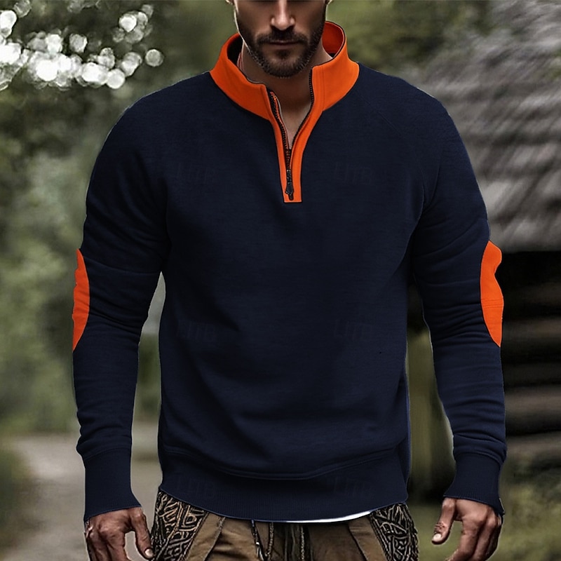 Men's Sweatshirt Quarter Zip Sweatshirt Apricot Black Navy Blue Camel Light Grey Half Zip Color Block Patchwork Sports & Outdoor Daily Holiday Polyester Streetwear Basic Casual Spring Fall Clothing2