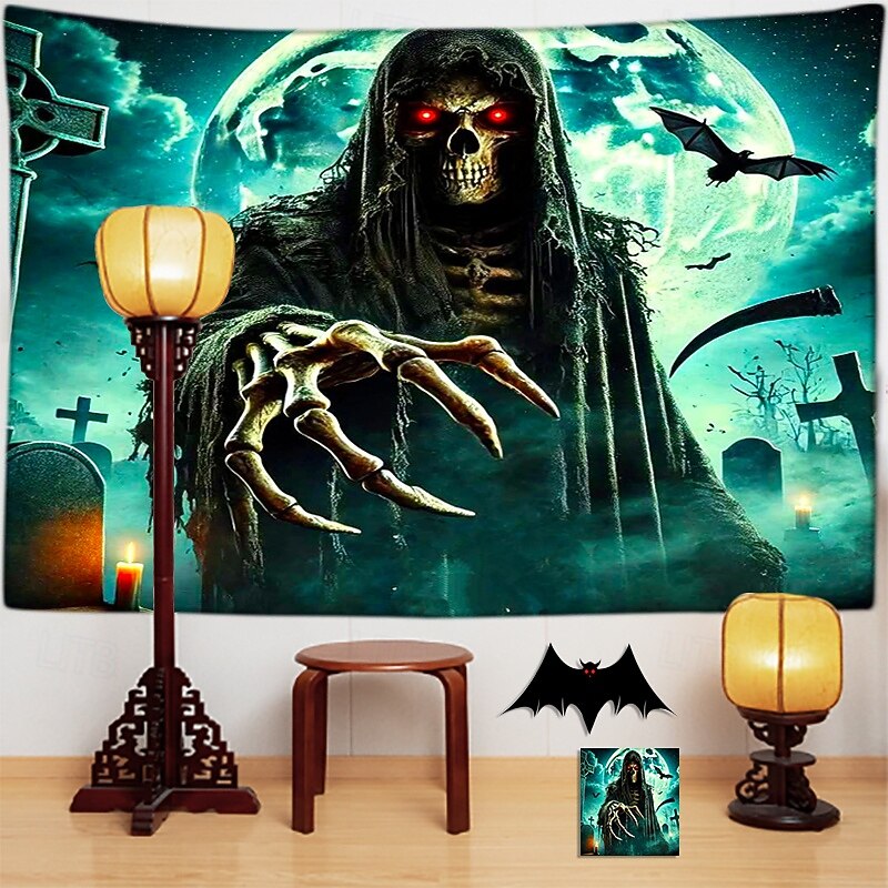 Halloween Skeleton Tapestry – Creepy Graveyard Scene Wall Hanging with Undead Skeletons Rising from Tomb, Horror Wall Decoration for 2025 Halloween Bedroom or Party3