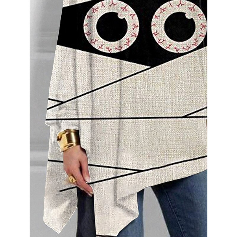 Halloween Women's T shirt Monster Graphic Skull Vintage Stylish Classic Long Sleeve Crew Neck Regular Tops Daily Weekend Print Asymmetrical Khaki Fall Winter3