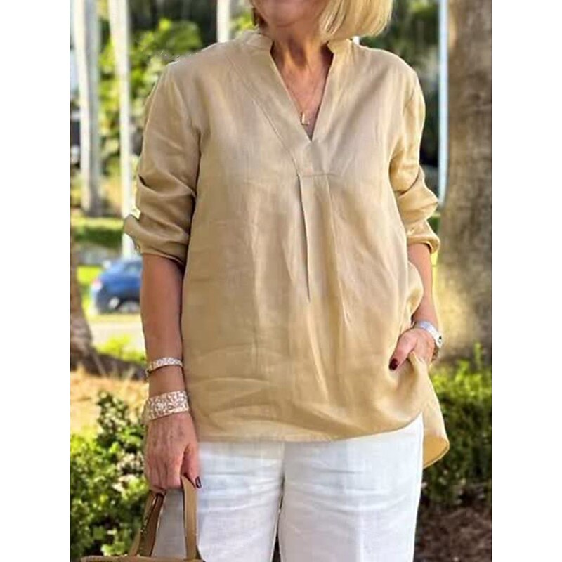 Women's Linen Shirts Plain Daily Modern 3/4 Length Sleeve V Neck Regular Tops Daily Holiday White Yellow Pink Khaki Light Grey Spring Fall3