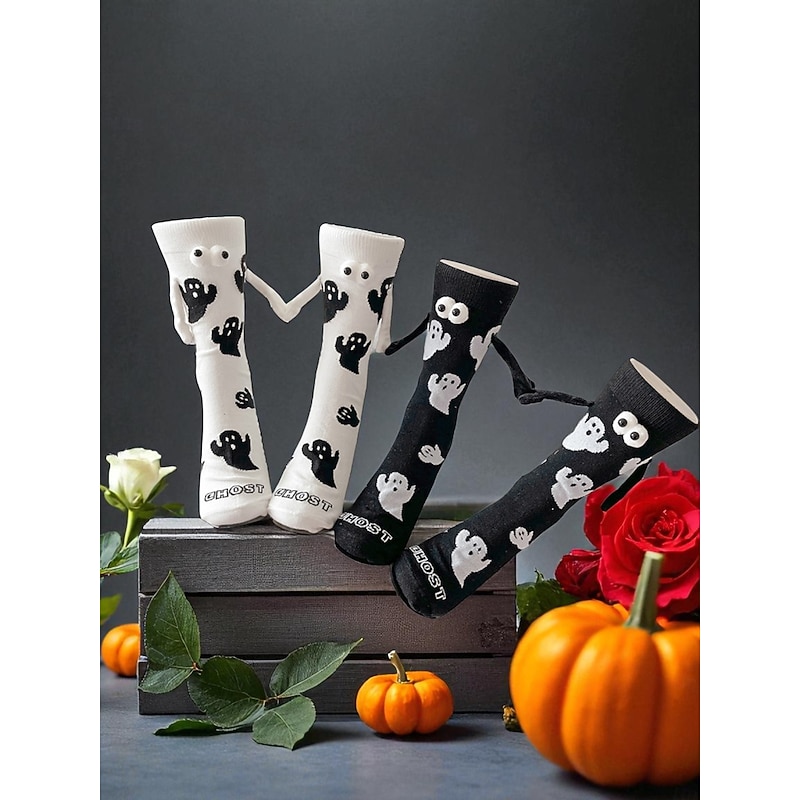 Women's Halloween Ghost Socks with 3D Eyes and Cartoon Style, Fun Cozy Crew Socks for Parties and Casual Wear3D2