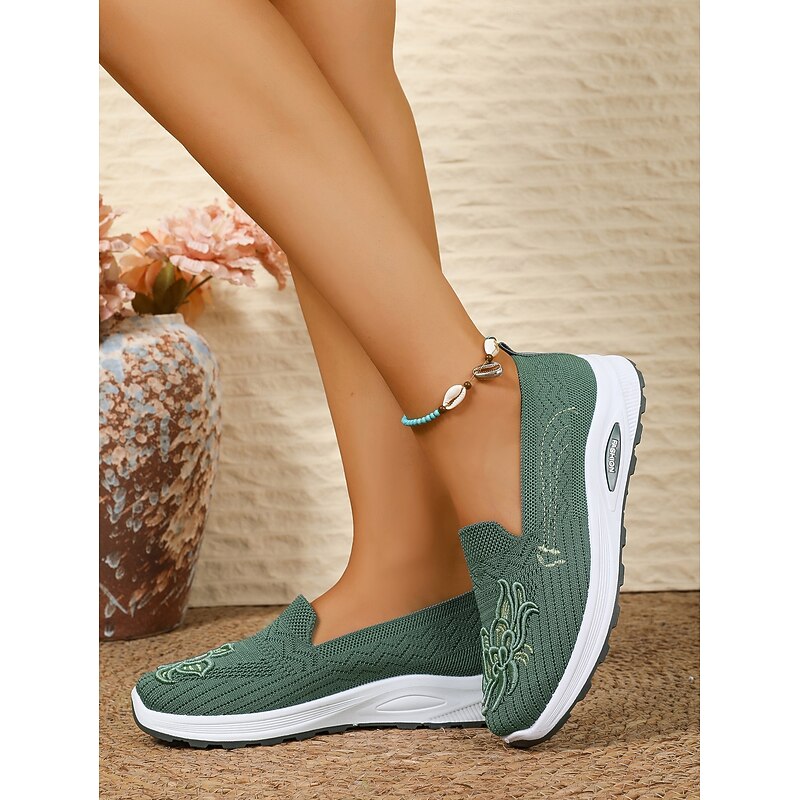 Women's Green Embroidered Slip-On Walking Shoes – Breathable Knit Casual Sneakers with Arch Support for Travel, Work & Daily Wear3