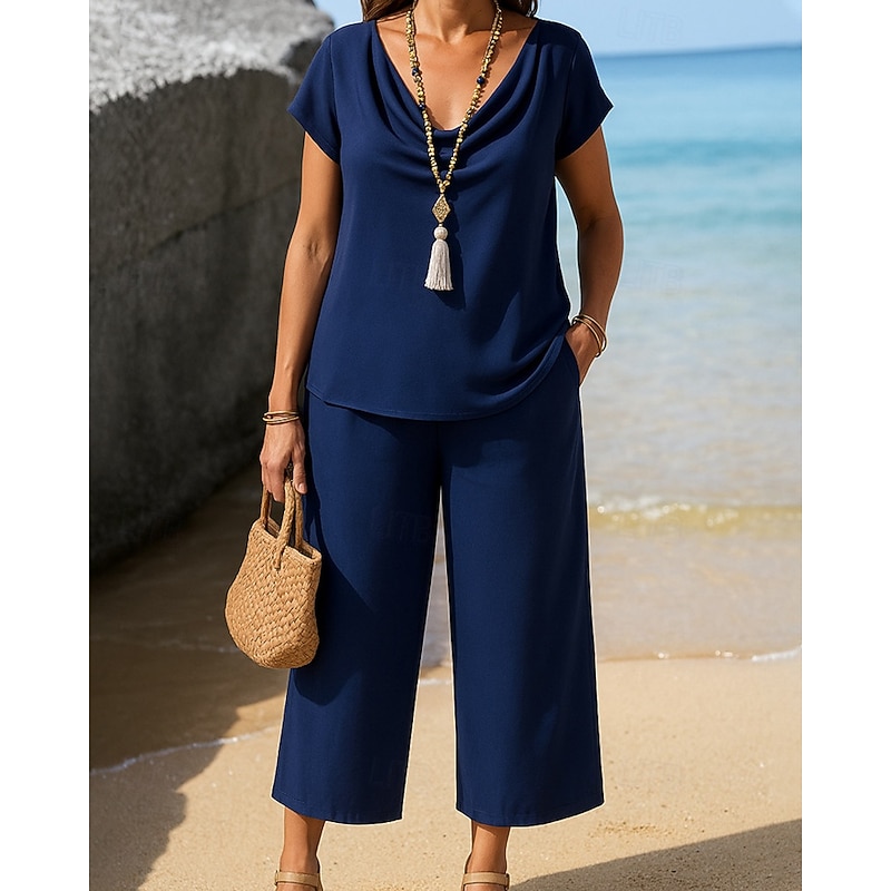 Women's Active Blouse Pants Sets Short Sleeve V Neck Solid Color Ruched Daily Wear Going out Weekend Navy Blue Blue Purple Summer Regular Fit4