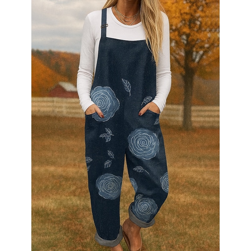 100% Cotton Women's Overall Lightweight Floral Sleeveless Sleeveless Straight Square Neck with Pocket Vacation Daily Loose Fit Navy Blue Blue Khaki Summer4