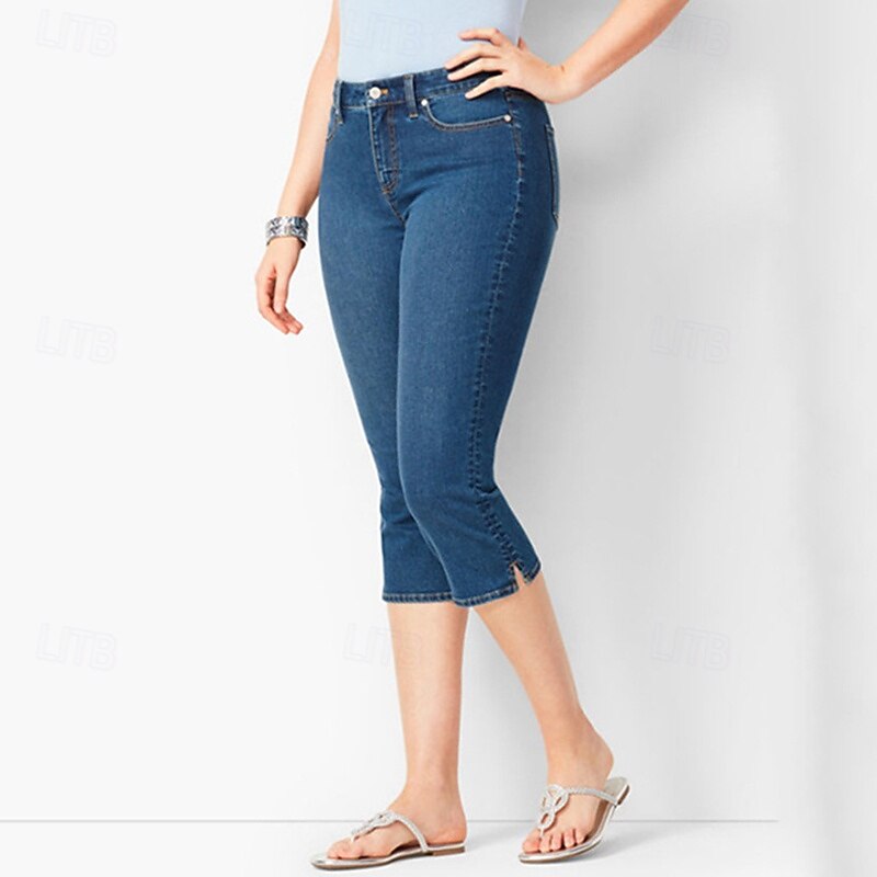 Women's Jeans Capri Pants Jeggings Streetwear Casual Calf-Length High Waist Plain Pocket Breathability Micro-elastic Vacation Street Daily Wear Black White Dark Blue Light Blue Summer Regular Fit